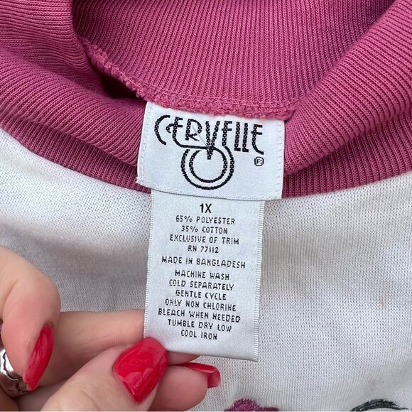 90s Cervelle Pink white color block floral embroidered grannycore sweatshirt 1X - Picture 7 of 7